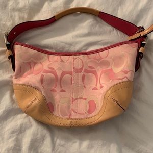 Coach M04Q-1850 pink jacquard tan leather bag